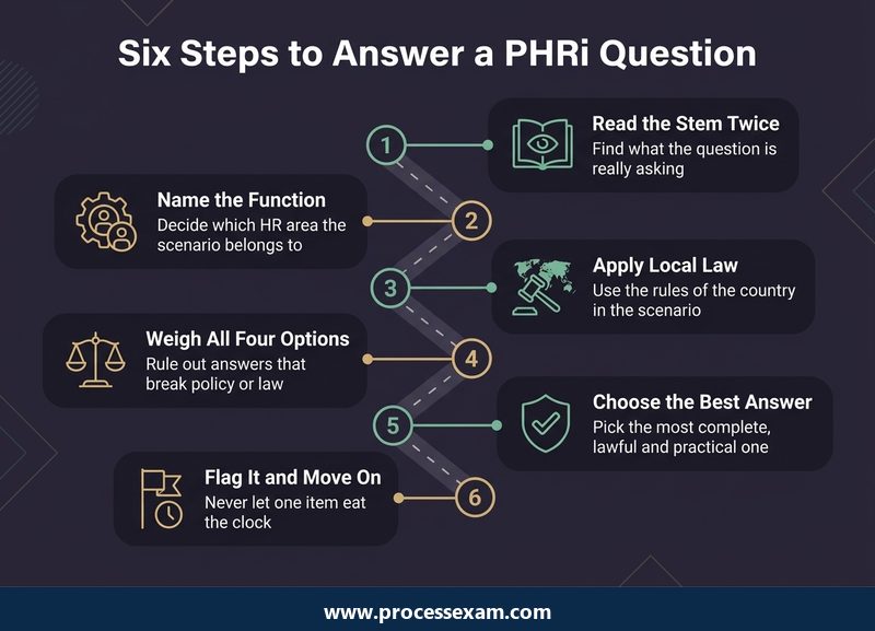 Dark roadmap infographic of six steps for answering a PHRi scenario question, from reading the stem to flagging it