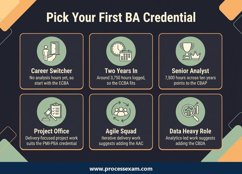 Dark card grid matching six business analyst situations to the ECBA, CCBA, CBAP, PMI-PBA, AAC or CBDA