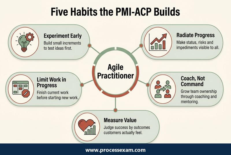 Infographic of five working habits the PMI-ACP builds, from experimenting early to limiting work in progress