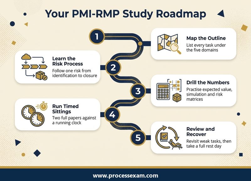 Light roadmap infographic of a five-step PMI-RMP study plan from mapping the outline to review and recovery