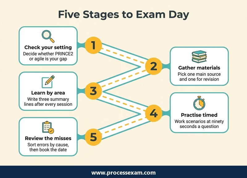 Light roadmap infographic of five stages from checking your setting to the week before the PRINCE2 Agile exam