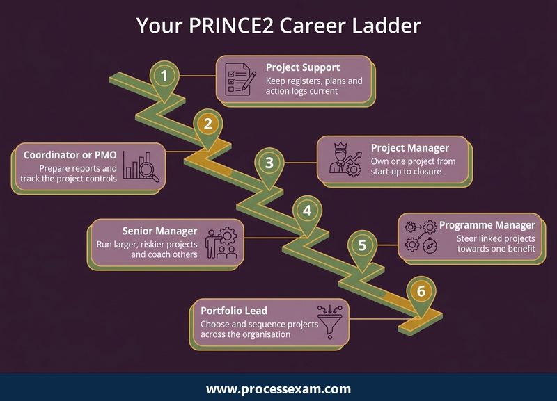 Dark roadmap of six career rungs from project support to portfolio management for a PRINCE2 Practitioner