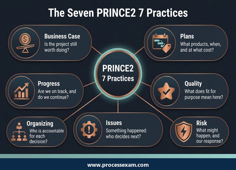 Dark card grid of the seven PRINCE2 7 practices, each with the question it answers