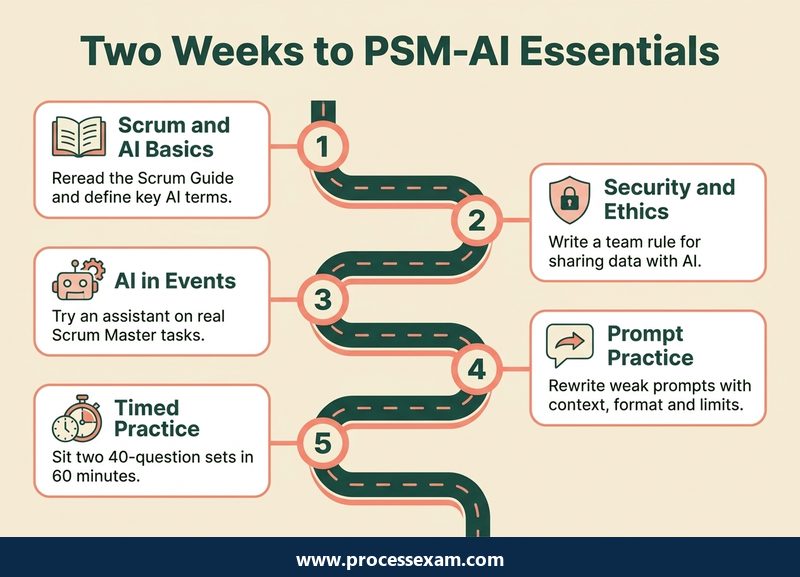 Roadmap infographic of a two-week PSM-AI Essentials study plan in five milestones