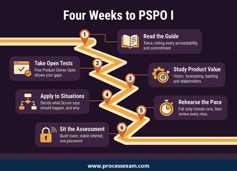 Dark roadmap of six steps from reading the Scrum Guide and open assessments to sitting PSPO I