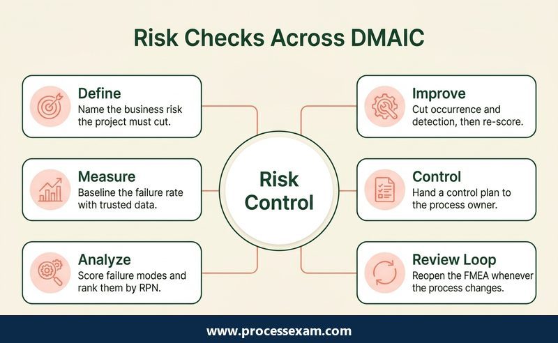 Hub infographic of the risk check made in each DMAIC phase plus a review loop for the FMEA