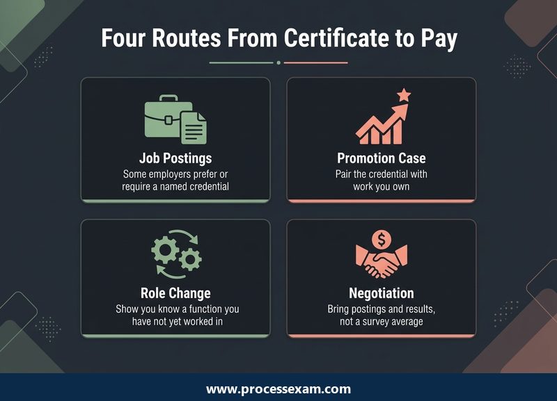 Infographic of four routes from an HR certificate to higher pay - postings, promotion, role change, negotiation