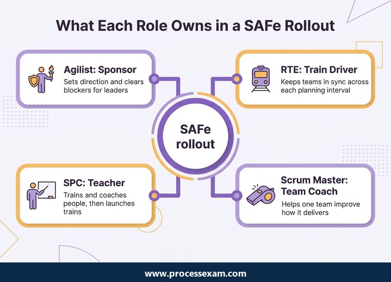 Hub graphic of what the Agilist, RTE, SPC and Scrum Master each own in a SAFe rollout