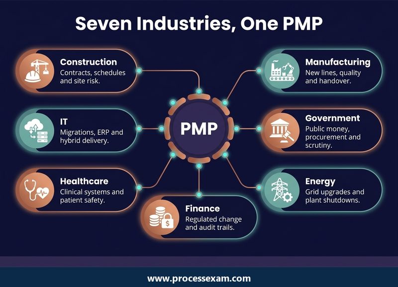 Hub diagram of seven industries that employ PMP holders, from construction to manufacturing