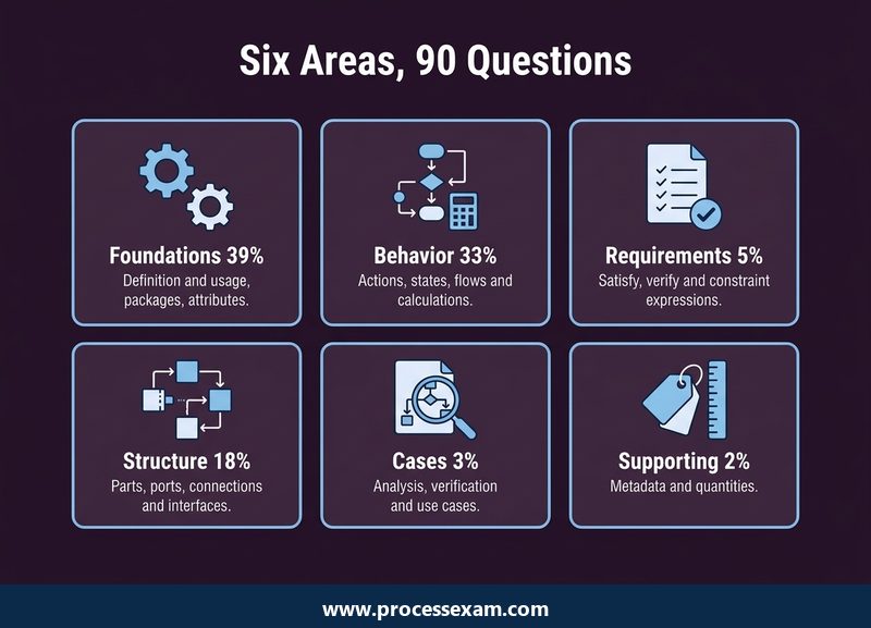 Six syllabus areas of the SysML v2 Model User exam with their weights, from Foundations to Supporting concepts