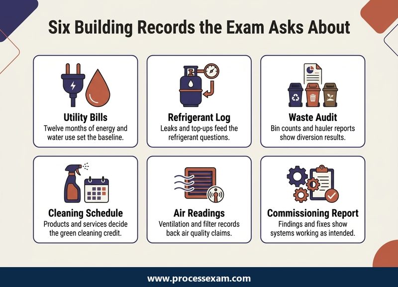 Card grid of six building records behind LEED AP O+M questions, from utility bills to commissioning reports