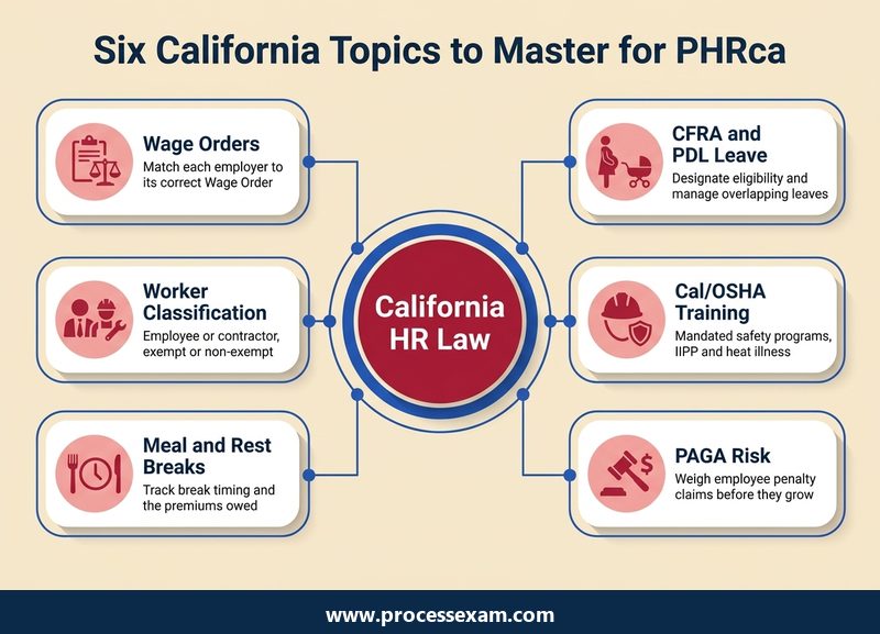 Hub diagram of six California topics PHRca candidates must master, from Wage Orders to PAGA risk