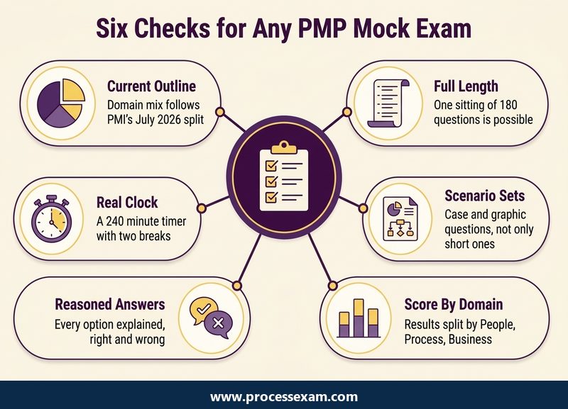 Light hub of six checks for any PMP mock exam, from current outline and full length to scoring by domain