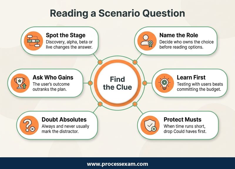 Hub infographic of six clues for reading an AgileDS Foundation scenario question