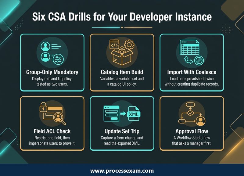 Infographic of six CSA practice drills for a developer instance, from a group-only mandatory field to an approval flow