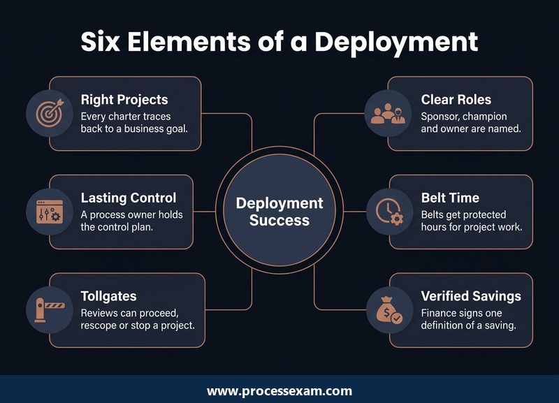 Hub infographic of the six elements that decide whether a Six Sigma deployment succeeds