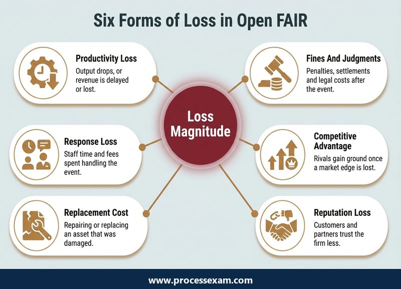 Hub infographic of the six Open FAIR forms of loss arranged around Loss Magnitude