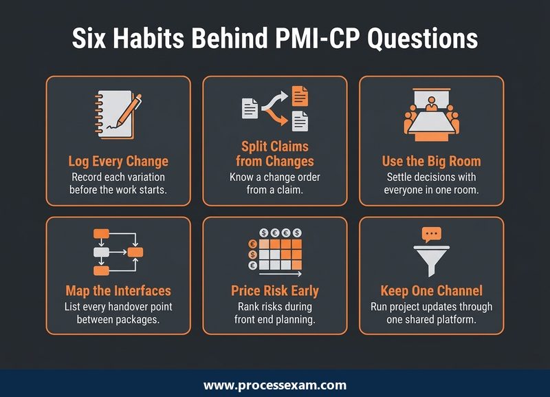 Six cards of habits behind PMI-CP questions, from logging changes to using one project channel