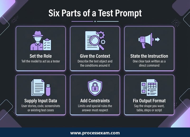 Dark card grid naming the six components of a structured prompt for a software test task