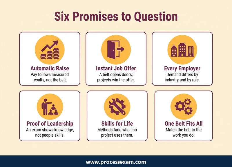 Six Promises to Question infographic with six cards on pay, job offers, employers, leadership, skills and belt choice