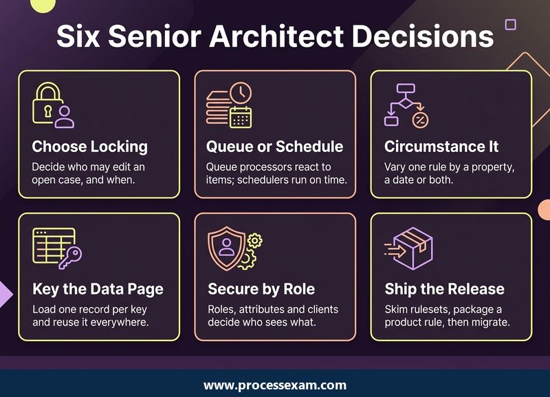Card grid of six Pega senior architect decisions from locking to release packaging