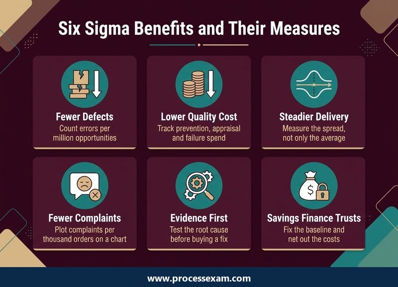 Six Sigma benefits and their measures covering defects, quality cost, delivery spread, complaints, evidence and savings
