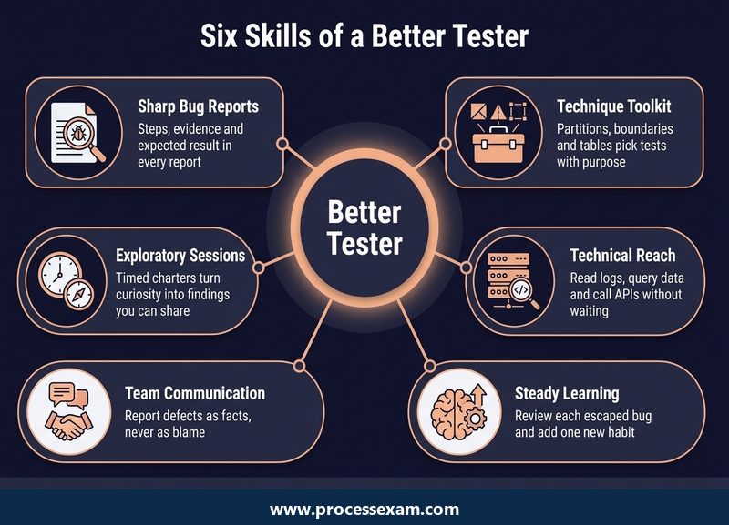 Hub diagram of six skills of a better software tester from bug reports to steady learning