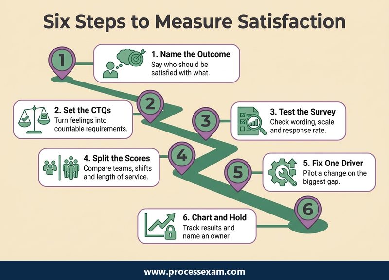 Roadmap of six steps for measuring employee satisfaction, from naming the outcome to charting results and naming an owner