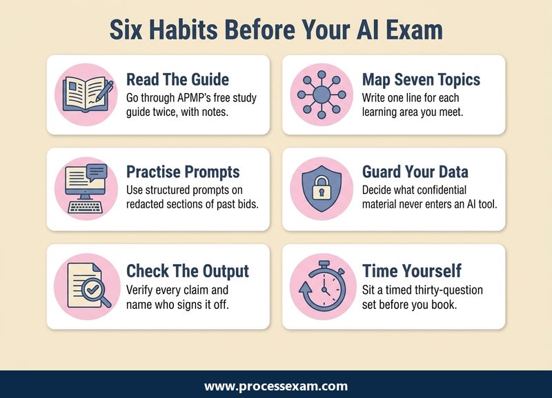 Infographic of six preparation habits for the AI-M APMP exam from reading the study guide to timed practice