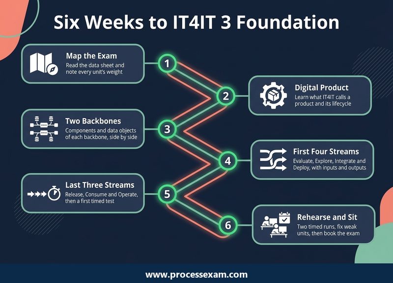 Infographic of a six-week roadmap to the IT4IT 3 Foundation exam from mapping the syllabus to the final timed runs