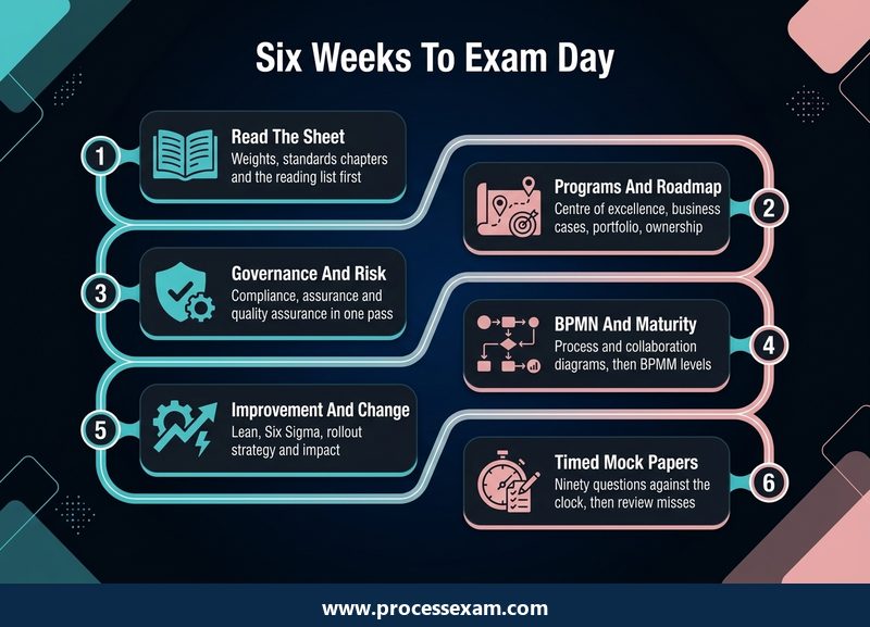 Roadmap of six study milestones for the OCEB 2 Advanced exam from reading the OMG sheet to timed mock papers