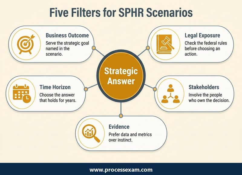 Infographic hub of five filters for answering strategic SPHR scenario questions