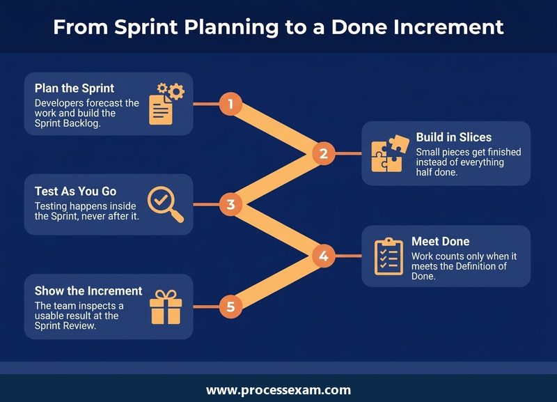 Roadmap infographic of five developer checkpoints from Sprint Planning to a Done Increment