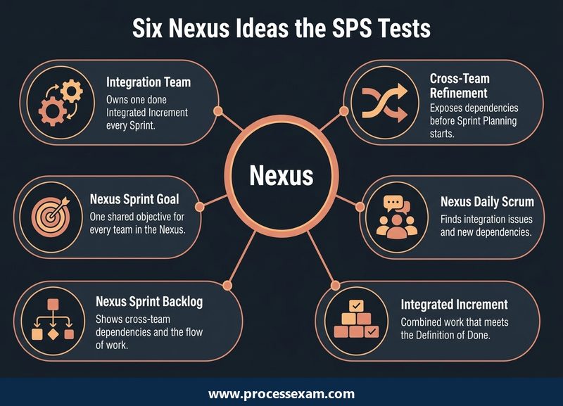 Infographic hub of six Nexus Guide ideas the SPS exam tests, from the Integration Team to the Integrated Increment