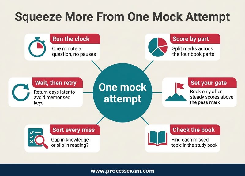 Hub infographic of six steps for using one CInP mock attempt, from timing it to setting a booking gate