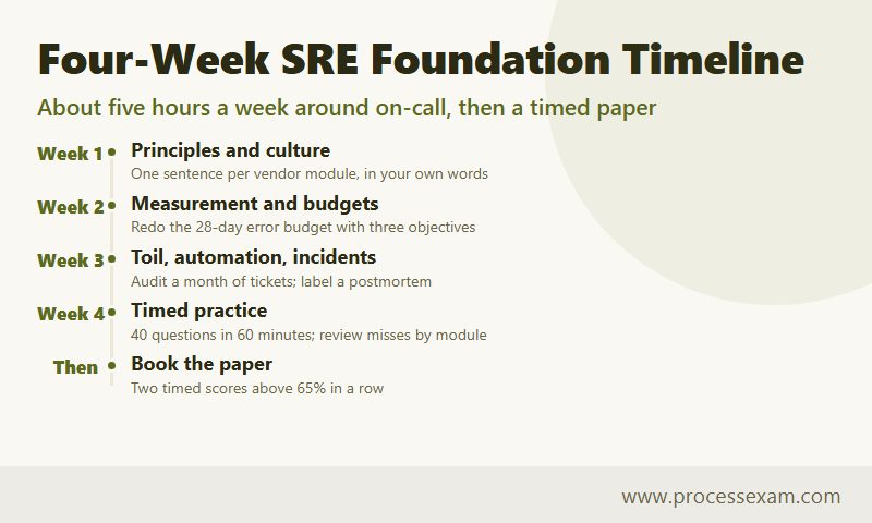 Timeline of a four-week SRE Foundation study plan from principles in week one to a timed paper in week four