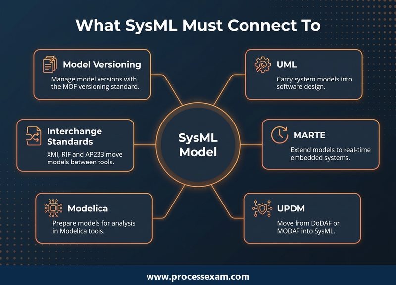 Hub diagram of SysML connecting to UML, MARTE, UPDM, Modelica, interchange standards and model versioning