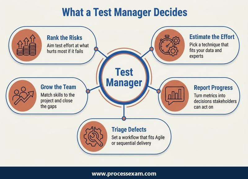 Hub infographic of the five decisions a test manager makes, from risk ranking to team skills