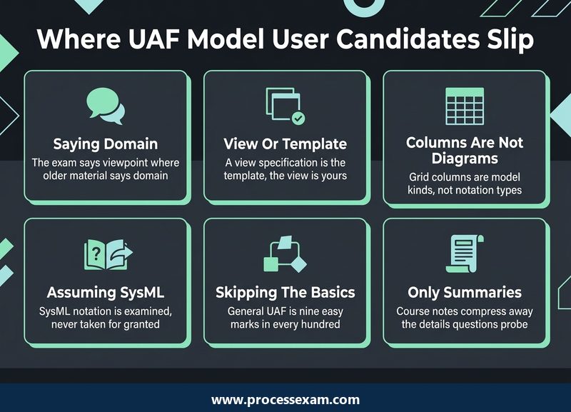 Dark card grid of six errors UAF Model User candidates make, from wording to notation
