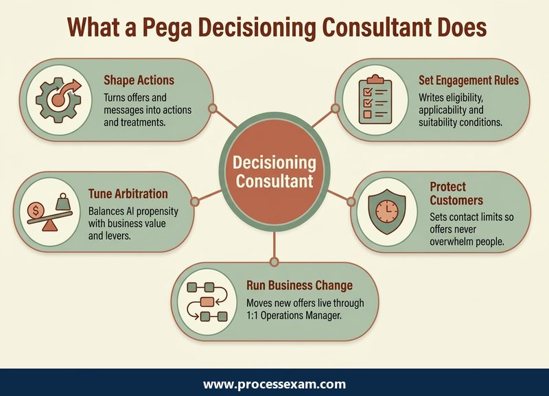 Hub infographic of five responsibilities of a Pega Decisioning Consultant around Customer Decision Hub