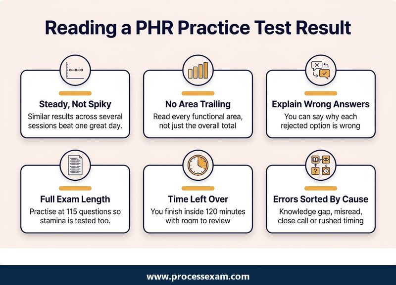 Card grid infographic of six ways to read a PHR practice test result before booking the exam