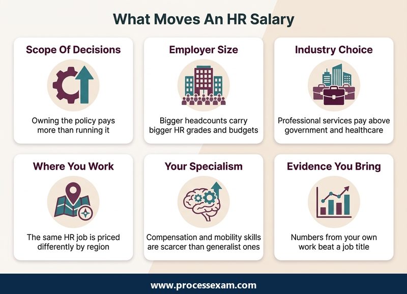 Card grid of six things that move an HR salary, from decision scope to the evidence you bring