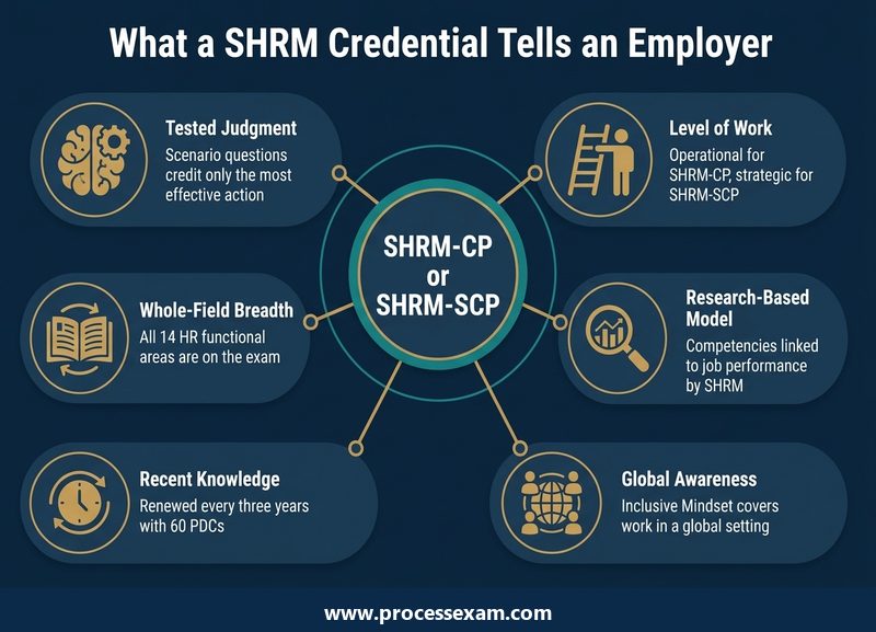 Hub diagram of six things a SHRM credential tells an employer, from tested judgment and breadth to renewal and level of work