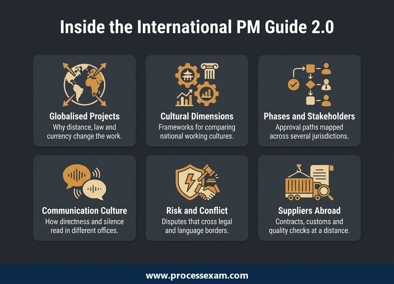 Infographic of six themes the International PM Guide 2.0 examines for the CIPM exam