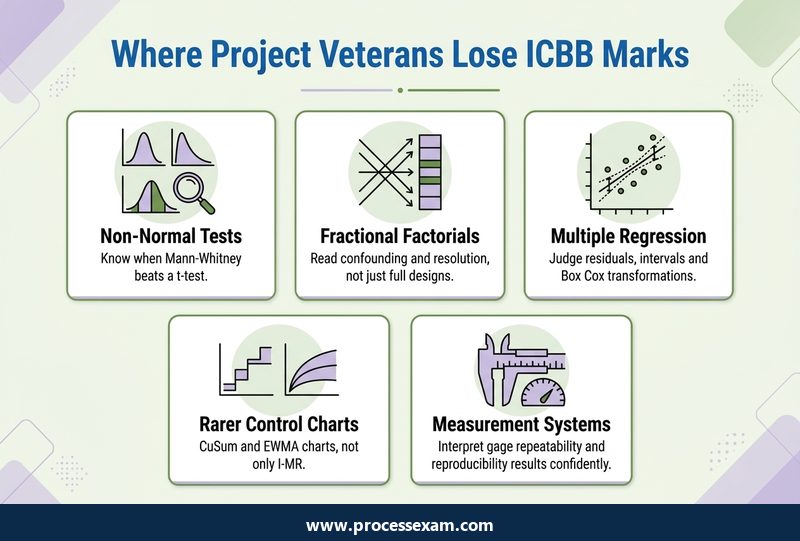 Card grid of five ICBB topics experienced Green Belts often miss, from non-normal tests to measurement systems