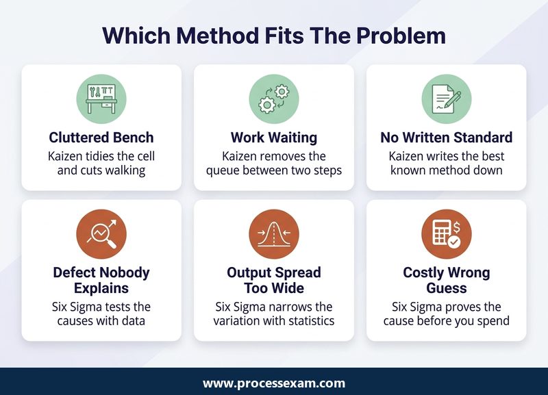 Six problem cards showing which belong to Kaizen and which need a Six Sigma project