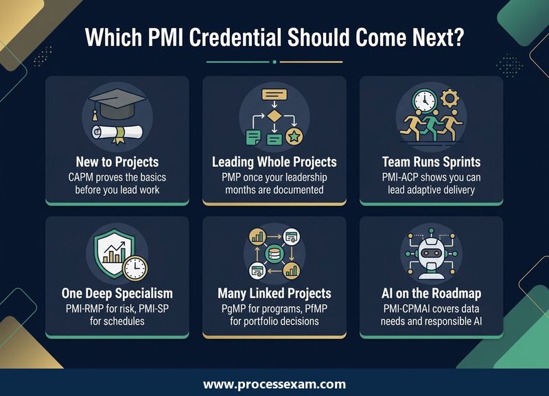 Six cards matching career situations to the next PMI credential, from CAPM and PMP to PgMP and PMI-CPMAI