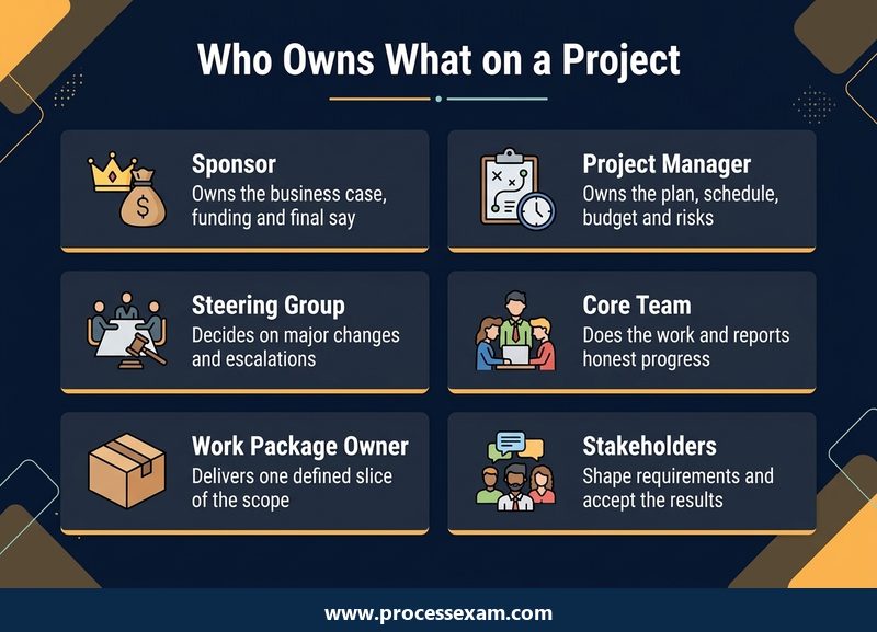 Infographic card grid of who owns what on a project, from sponsor to stakeholders