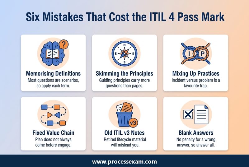 Six Mistakes That Cost the ITIL 4 Pass Mark infographic with six labelled points