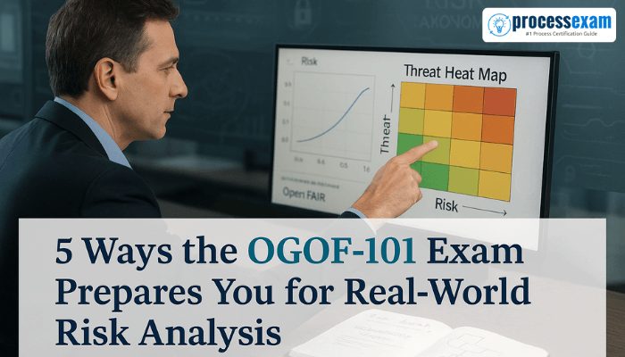 A professional analyzes a threat heat map in a modern office with overlaid text reading 5 Ways the OGOF-101 Exam Prepares You for Real-World Risk Analysis.